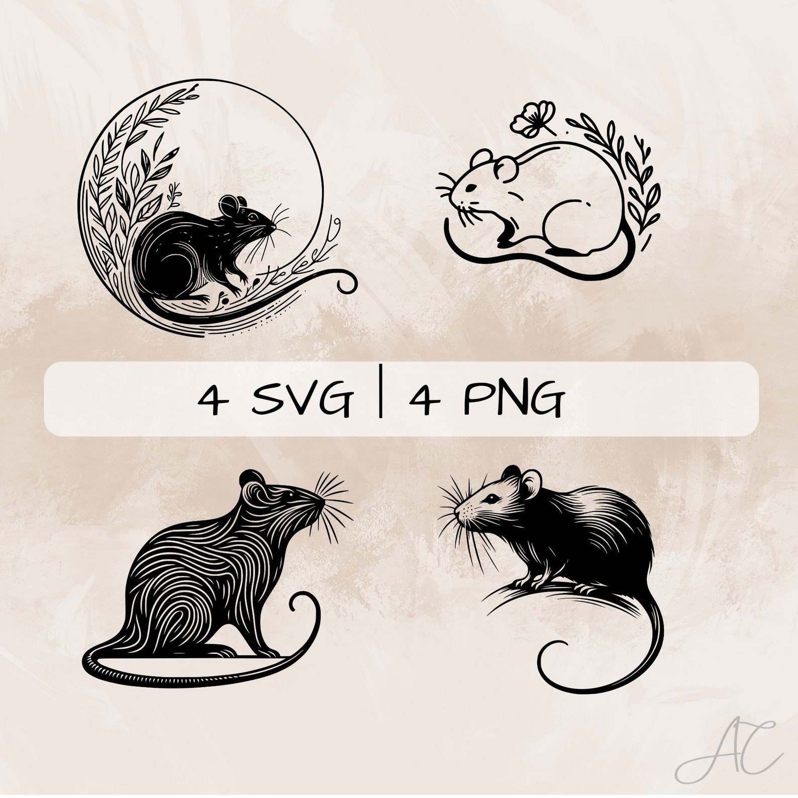 Rat SVG Bundle, Floral Rat PNG, Rat Clipart, Hand Drawn Rat Pictures ...