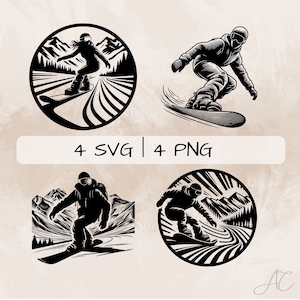 Snowboard SVG bundle, Snowboarding PNG, Snowboard and Mountains Clipart, Hand drawn Snowboard pictures for print and engraving