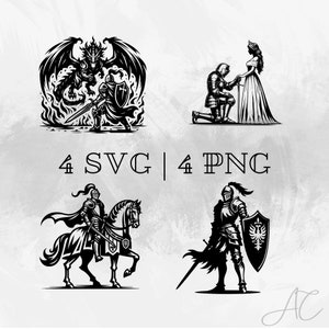 Knight SVG bundle, Knight with princess PNG, Knight on horse Clipart, Hand drawn Knight pictures for print and engraving