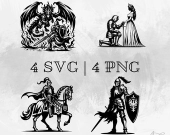 Knight SVG bundle, Knight with princess PNG, Knight on horse Clipart, Hand drawn Knight pictures for print and engraving