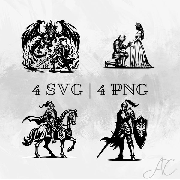 Knight SVG bundle, Knight with princess PNG, Knight on horse Clipart, Hand drawn Knight pictures for print and engraving