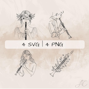 Delicate Clarinet SVG Bundle, Clarinet Line Art PNG, Floral Clarinet Clipart, Hand drawn Clarinetist pictures for print and engraving