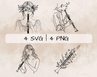 Delicato pacchetto SVG Clarinetto, Clarinetto Line Art PNG, Clarinetto floreale Clipart, Immagini di clarinettisti disegnate a mano per la stampa e l'incisione