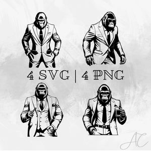 Pacchetto SVG Gorilla Boss, Gorilla con sigari PNG, Gorilla con clipart tuta, Immagini del capo Gorilla disegnate a mano per la stampa e l&#39;incisione
