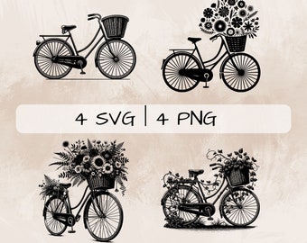 Paquete SVG de bicicleta, PNG de bicicleta floral, imágenes prediseñadas de bicicleta con cesta, imágenes de bicicleta dibujadas a mano para imprimir y grabar