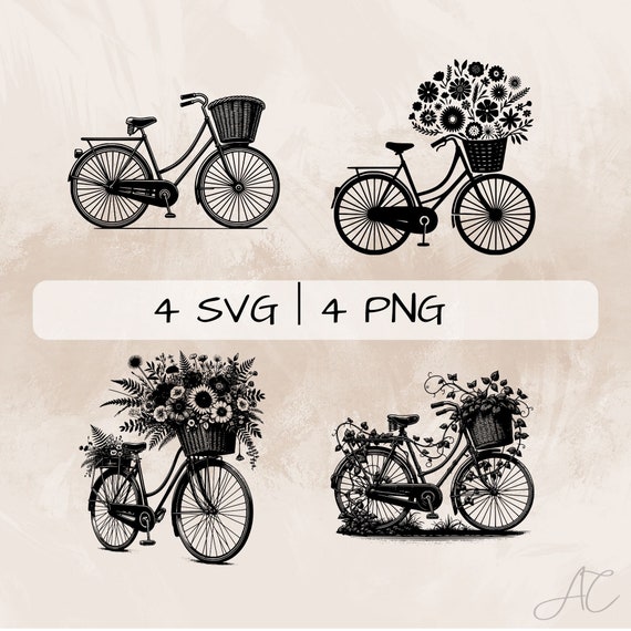 Bicycle SVG bundle, Floral Bicycle PNG, Bicycle with basket Clipart, Hand drawn Bicycle pictures for print and engraving