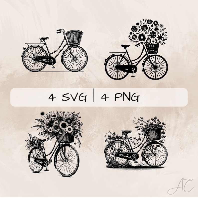 Puede incluir: Cuatro ilustraciones en silueta en blanco y negro de bicicletas con cestas llenas de flores. Las bicicletas tienen un dise&ntilde;o cl&aacute;sico con una cesta en el manillar y un portaequipajes trasero. Las flores est&aacute;n dispuestas en forma de ramo.