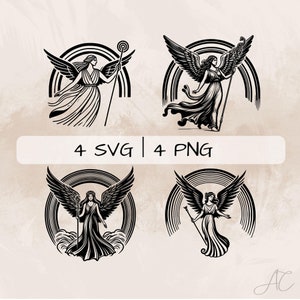 May include: Four black and white illustrations of a woman with wings and a staff standing in a circle of rainbow-like lines. The woman is wearing a long flowing robe and has a crown on her head.