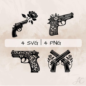 Pacote SVG de arma, arma floral PNG, clipart de arma e flor, imagens de armas desenhadas à mão para impressão e gravação