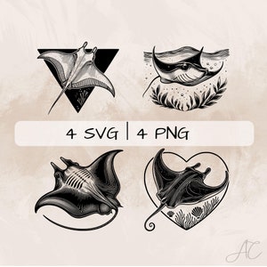 Könnte beinhalten: Vier Schwarzweiß-Illustrationen von Mantarochen. Die Mantarochen sind in verschiedenen Posen dargestellt, darunter schwimmend, fliegend und ruhend. Die Illustrationen sind vor verschiedenen Hintergründen platziert, darunter ein Dreieck, ein Herz und eine Welle. Der Text "4 SVG | 4 PNG" wird unter den Illustrationen angezeigt.