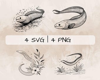 Delicate Eel SVG Bundle, Eel PNG ,Eel Clipart, Hand drawn Eel pictures for print and engraving