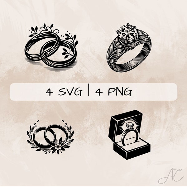 Wedding ring SVG bundle, Engagement ring PNG, Ring Clipart, Hand drawn Wedding ring pictures for print and engraving