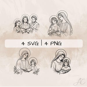 May include: Four black and white line drawings of families reading books. The first image shows a family of three, a mother, father, and daughter. The second image shows a family of three, a mother, father, and son. The third image shows a mother and daughter reading a book together. The fourth image shows a mother and son reading a book together.