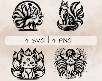 Kitsune SVG-paket, Magic Fox PNG, söt Kitsune Clipart, handritade Kitsune-bilder för utskrift och gravyr