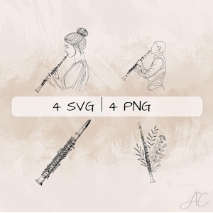 Zarte Oboe SVG Bundle, Oboe Linie Kunst PNG, Oboe Player Clipart, Handgezeichnete Oboe Blumenbilder zum Drucken und Gravieren