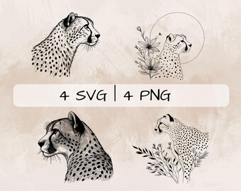 繊細なチーター SVG バンドル、チーター ライン アート PNG、チーターと花のクリップアート、印刷と彫刻用の手描きのチーターの絵