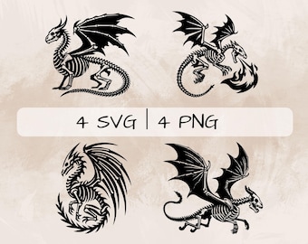 Paquete Dragon SVG, Dragon Skelton PNG, Dragon and Fire Clipart, imágenes de Skeleton Dragon dibujadas a mano para imprimir y grabar
