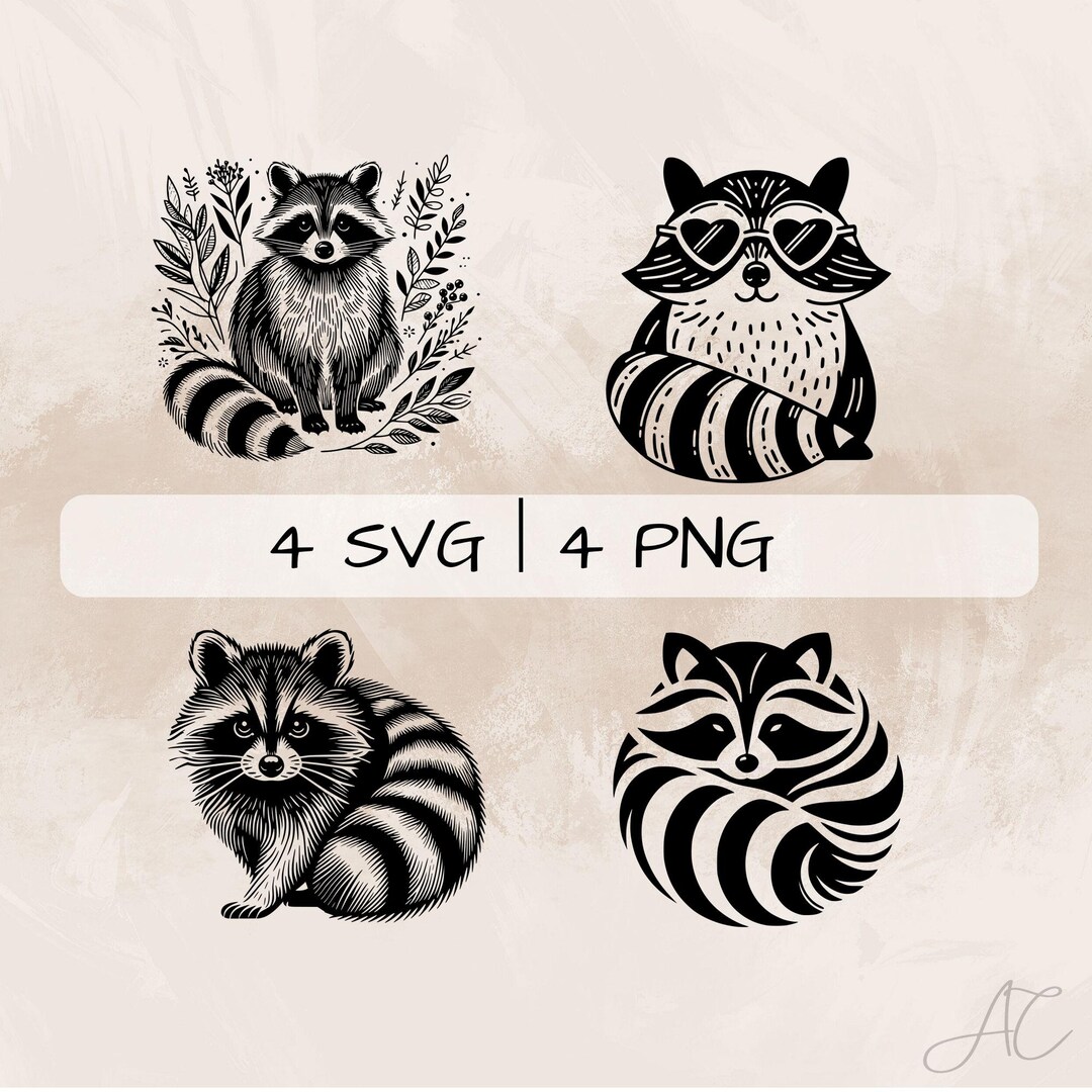 Racoon SVG Bundle, Cute Racoon PNG, Floral Racoon Clipart, Hand Drawn ...