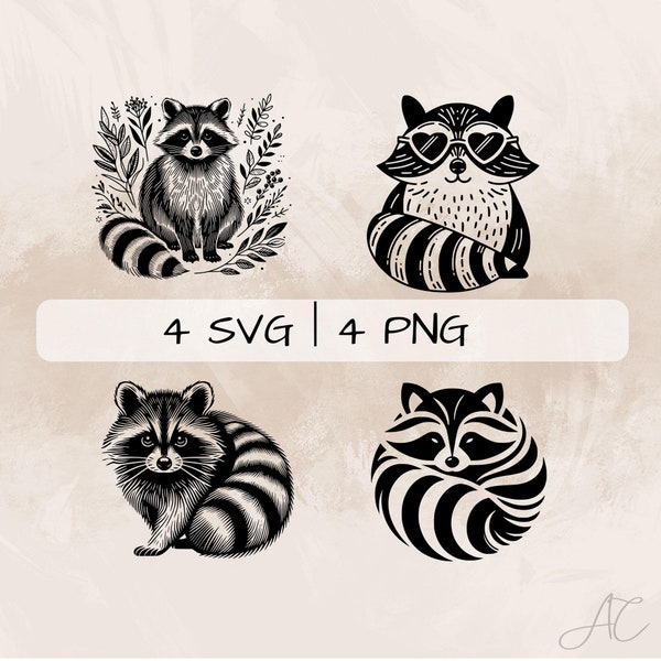 Racoon SVG Bundle, Cute Racoon PNG, Floral Racoon Clipart, Hand drawn Racoon pictures for print and engraving