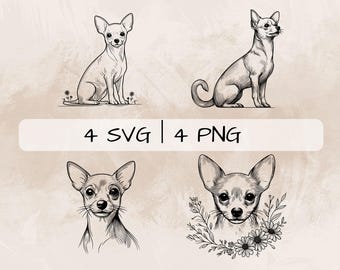 Delicate Chiweenie SVG Bundle, Chiweenie Line Art PNG, Chiweenie and Flowers Clipart, Hand drawn Chiweenie pictures for print and engraving