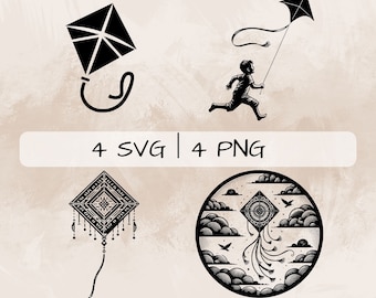 Paquete Kite SVG, Niño con Kite PNG, Boho Kite Clipart, Imágenes de cometa dibujadas a mano para imprimir y grabar