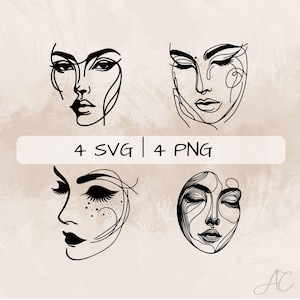 Face SVG Bundle, Head PNG, Woman Face Clipart, Hand drawn Female Face Line Art pictures for print and engraving