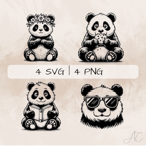 Zestaw Panda SVG, Panda z ciasteczkiem PNG, Panda z okularami przeciwsłonecznymi Clipart, Rysowane ręcznie obrazy Panda do druku i grawerowania