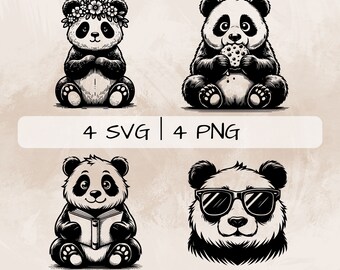 Panda SVG bundle, Panda with cookie PNG, Panda with sunglasses Clipart, Hand drawn Panda pictures for print and engraving