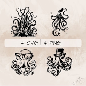 May include: Four black and white illustrations of an octopus. The first octopus is a large, detailed illustration of an octopus with many tentacles. The second octopus is a simple illustration of an octopus with a top hat. The third octopus is a simple illustration of an octopus wearing glasses. The fourth octopus is a simple illustration of an octopus with a top hat.
