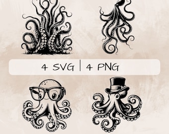 Octopus SVG bundle, Octopus with glasses PNG, Octopus Tentacles Clipart, Hand drawn Octopus pictures for print and engraving