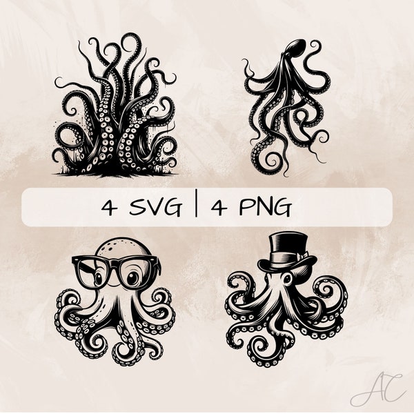 Octopus SVG bundle, Octopus with glasses PNG, Octopus Tentacles Clipart, Hand drawn Octopus pictures for print and engraving