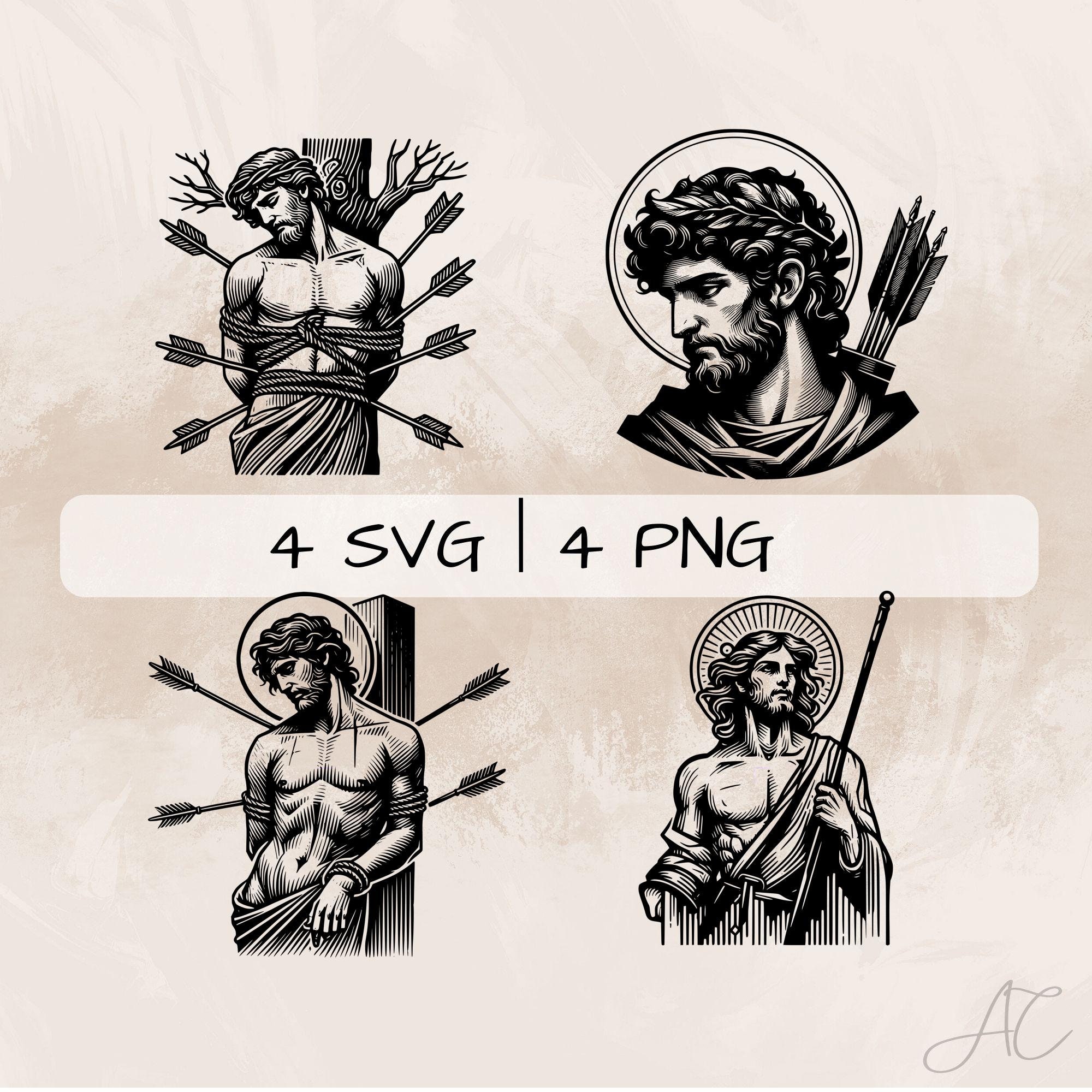 Saint Sebastian SVG Bundle, Saint Sebastian PNG, St Sebastian and Arrows Clipart, Hand drawn St Sebastian pictures for print and engraving