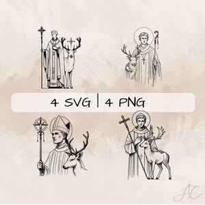 May include: Four black and white line drawings of saints with deer. Each saint is depicted with a halo and holding a staff. The text "4 SVG | 4 PNG" is at the top of the image.