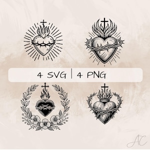 Heilig hart SVG-bundel, Jezus hart png, heilig hart clipart, handgetekende heilig hart-foto's om af te drukken en te graveren