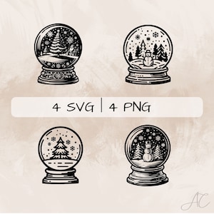 May include: Four black and white illustrations of snow globes with winter scenes. Each snow globe features a Christmas tree, snowflakes, and a snowman. The text "4 SVG | 4 PNG" is displayed below the snow globes.