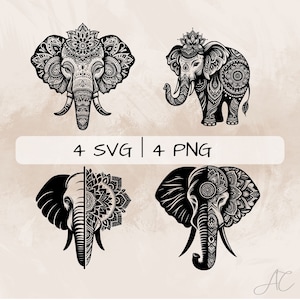 May include: Four black and white digital illustrations of elephants with intricate mandala designs. The elephants are in different poses, including a full-body standing elephant and a head-only elephant.