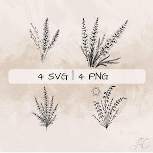 Heather Flower SVG Bundle, Calluna PNG, Common Heather Clipart, Hand drawn Heather and Sun pictures for print and engraving