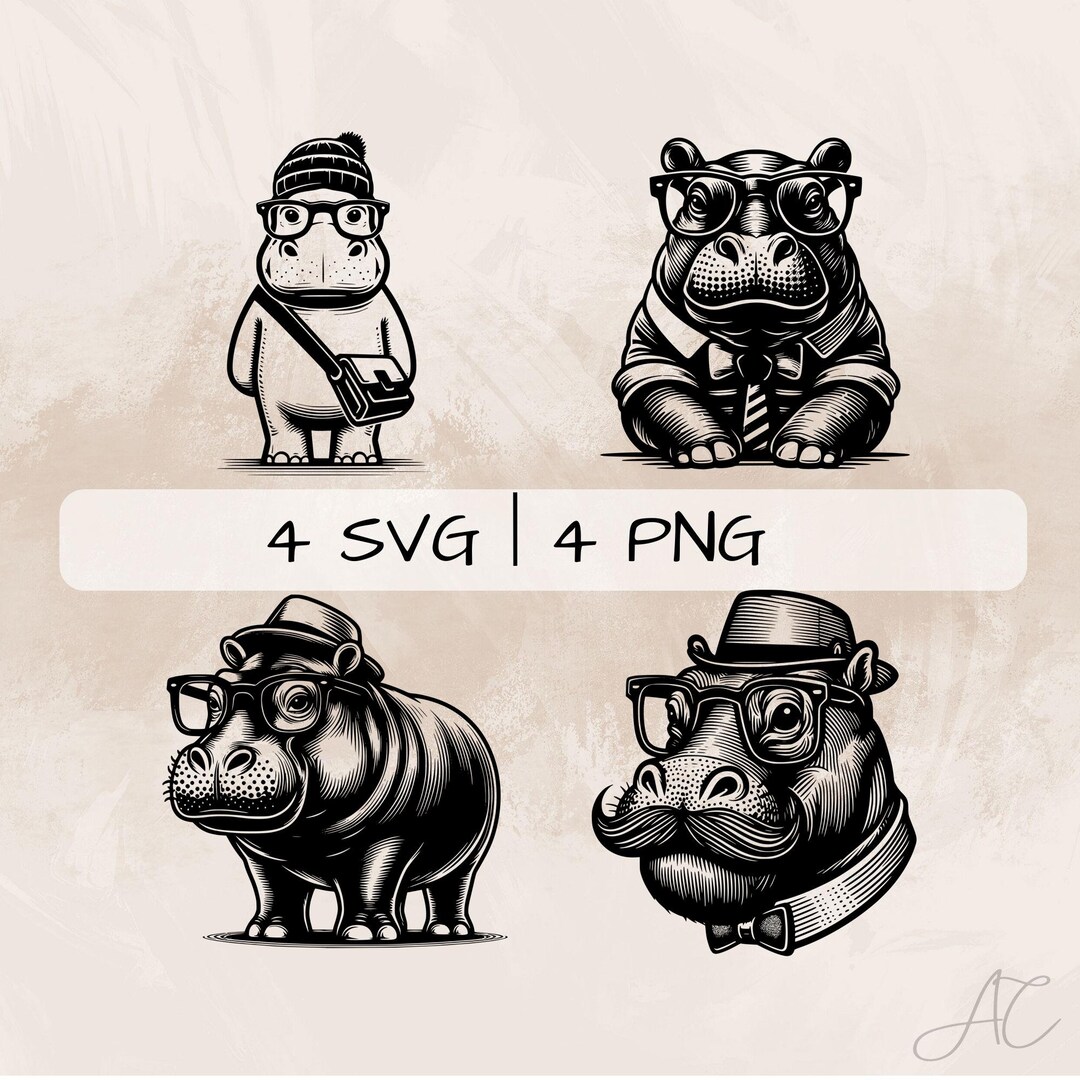 Hipster Hippo SVG Bundle, Hippo PNG, Hipster Hippopotamus Clipart, Hand ...