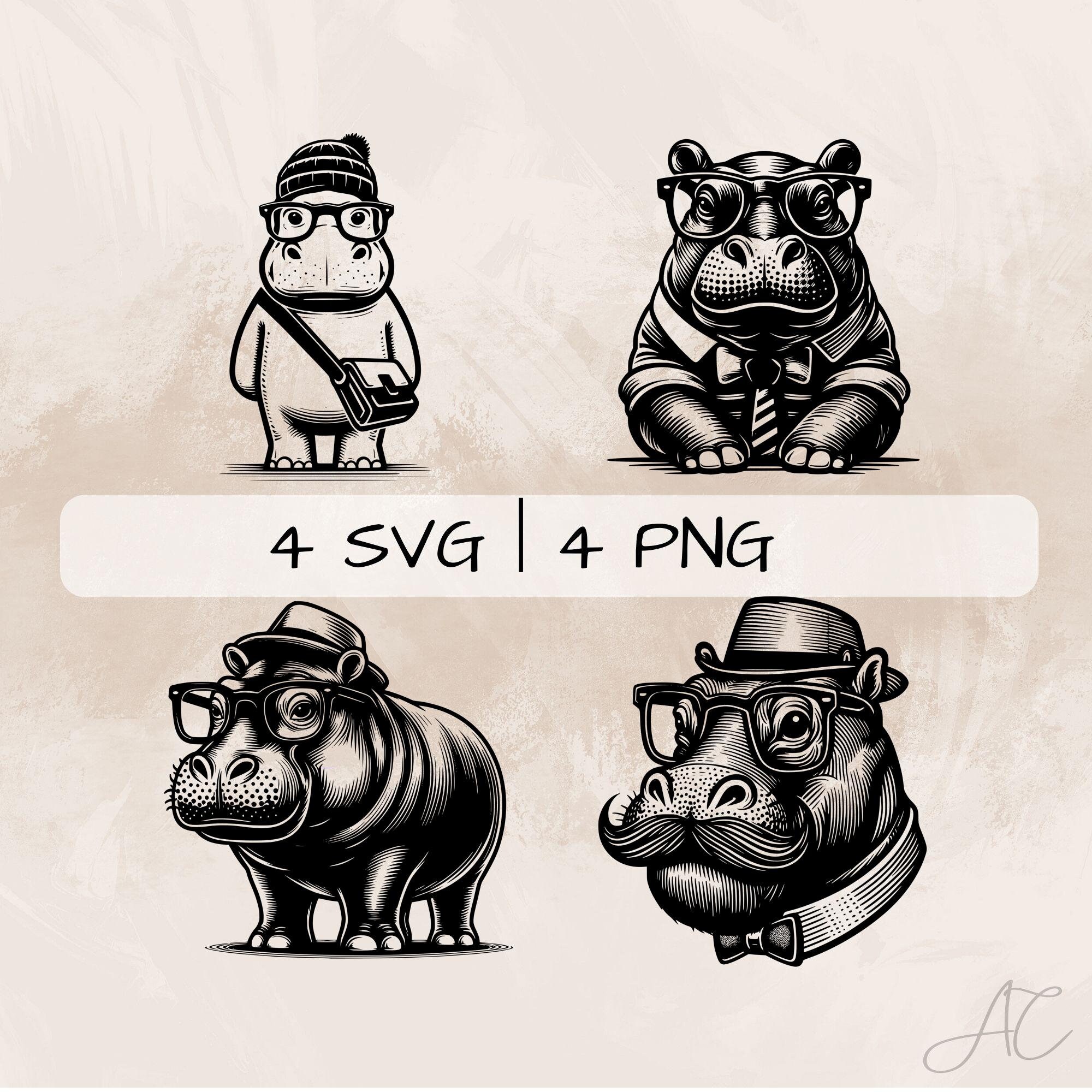 Hipster Hippo SVG Bundle, Hippo PNG, Hipster Hippopotamus Clipart, Hand ...