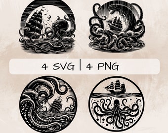 Kraken SVG & PNG bundle,Kraken Monster Clipart, Hand drawn Kraken pictures for print and engraving