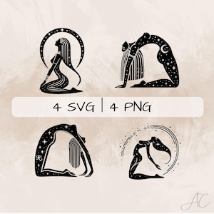 May include: Four black and white illustrations of a woman in a yoga pose with a crescent moon and stars. The text "4 SVG | 4 PNG" is at the bottom of the image.