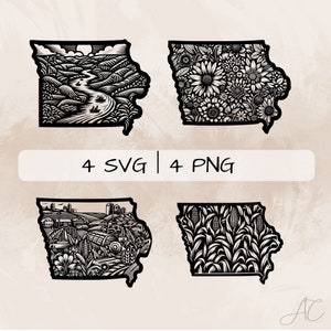 Iowa SVG bundle, Iowa Map PNG, Iowa Outline Clipart, Hand drawn Iowa pictures for print and engraving