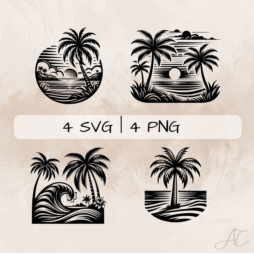 Palm Tree SVG Bundle, Palm Tree and Sunset PNG, Palm Tree and Wave ...