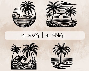 Paquete SVG de palmera, PNG de palmera y puesta de sol, imágenes prediseñadas de palmera y onda, imágenes de palmera dibujadas a mano para imprimir y grabar