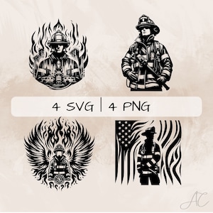 Firefighter SVG bundle, Fire PNG, Fire fighter with flag Clipart, Hand drawn Firefighter pictures for print and engraving