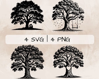 Oak Tree SVG bundle, Oak Tree and Heart PNG, Oak Tree and Swing Clipart, Hand drawn Oak Tree pictures for print and engraving