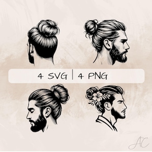 man bun SVG Bundle, man bun hair PNG ,man bun hairstyle Clipart, Hand drawn man bun pictures for print and engraving