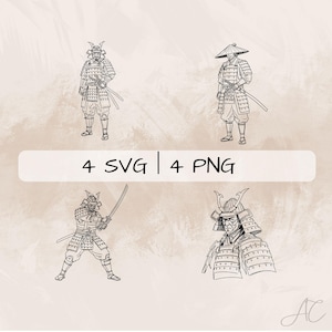 Samurai SVG Bundle, Samurai Warrior PNG ,Samurai Clipart, Hand drawn Samurai pictures for print and engraving