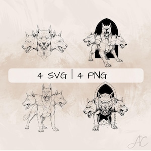 May include: Black and white line art illustration of a three-headed dog, Cerberus, with a fierce expression. The dog is standing in front of a stone archway. The image is labeled "4 SVG | 4 PNG".