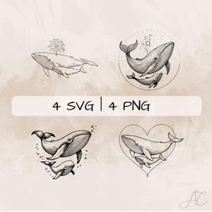 May include: Four black and white line drawings of whales and their calves. The whales are depicted in various poses, including swimming, jumping, and resting. The drawings are simple and elegant, and they would be perfect for use in a variety of projects, such as greeting cards, invitations, or home decor.